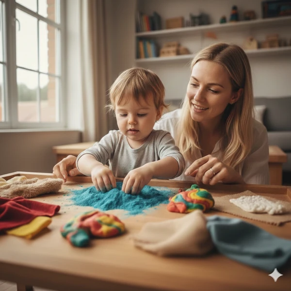 Dziecko bawiące się masami sensorycznymi z mamą - bezpieczna eksploracja