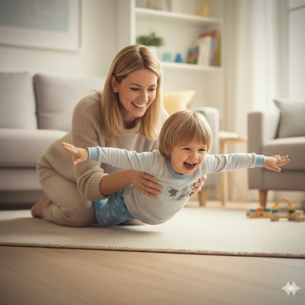 Matka trzymająca dziecko w zabawie 'samolot' - budowanie więzi i stymulacja przedsionkowa