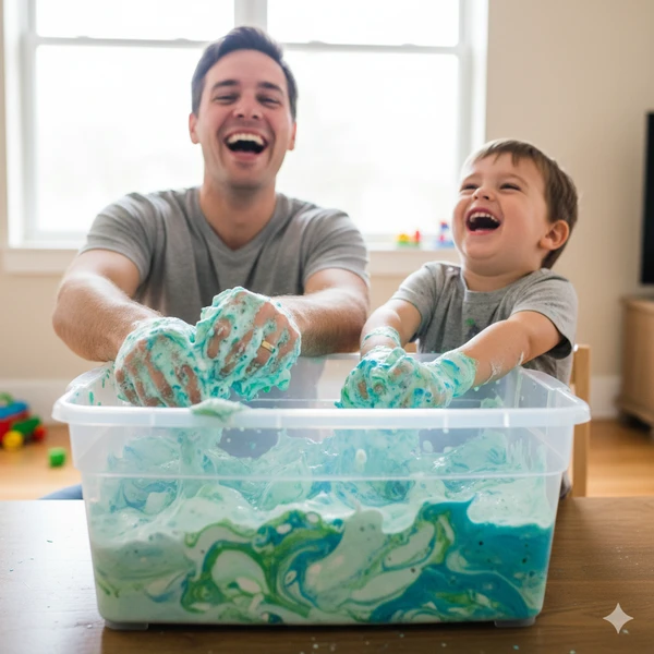 Tata i syn bawiący się masami sensorycznymi - radość i rozwój